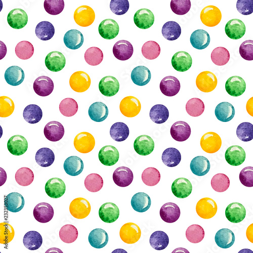 watercolor seamless raster pattern with the image of yellow, pink, blue, dark blue, green and violet dots