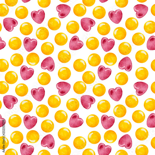 Fototapeta Naklejka Na Ścianę i Meble -  watercolor seamless raster pattern with the image of yellow dots and pink hearts