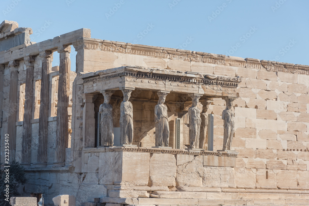 The Porch of the Caryatids in The Erechtheion an ancient Greek temple, Acropolis of Athens, Greece. .