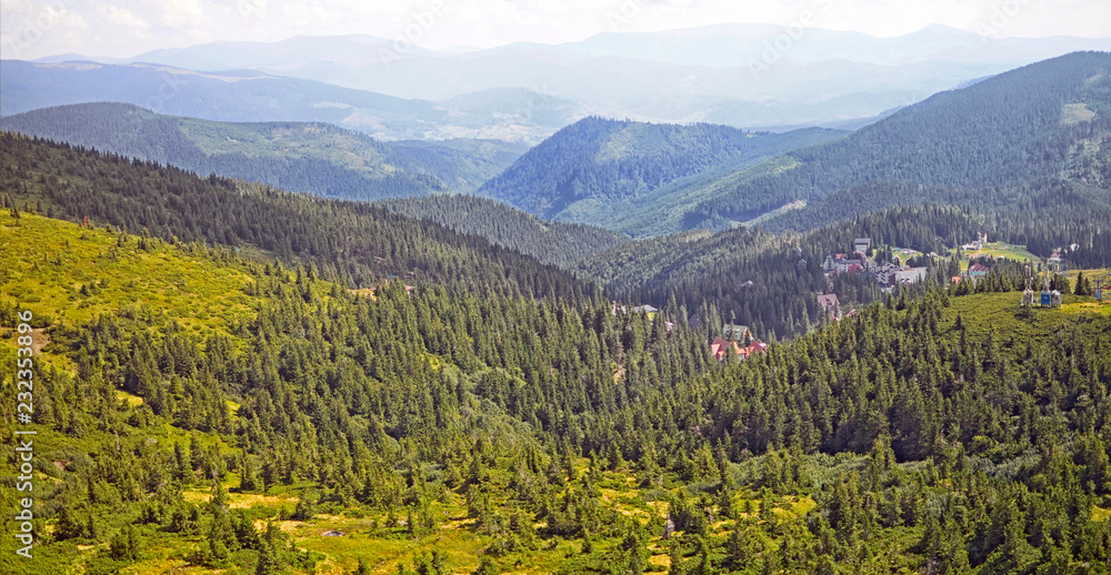 Green fir trees and houses of the village against the background of the Carpathian mountains in the summer. Dragobrat, Ukraine. Travel adventure and hiking activit  lifestyle on family summer vacation