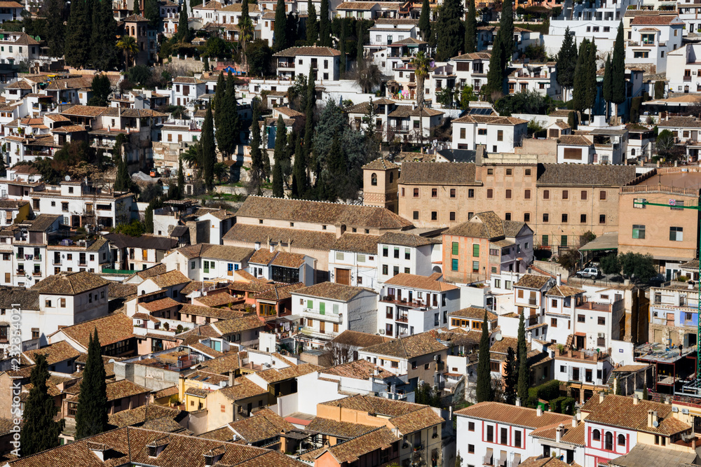 View of Granada city  (Albaicin District) from the Alhambra. Granada, Spain