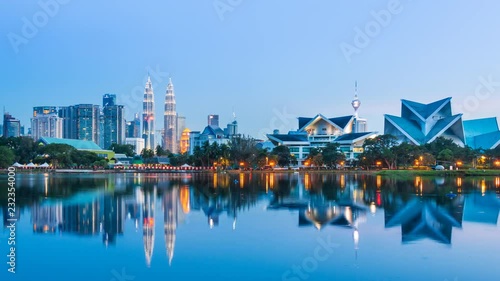 Day to Night Kuala Lumpur Cityscape  Of Malaysia 4K Time Lapse (zoom out)