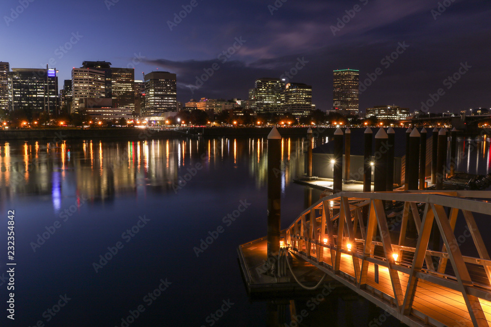 Portland Skyline and Willamette River at night, Oregon
