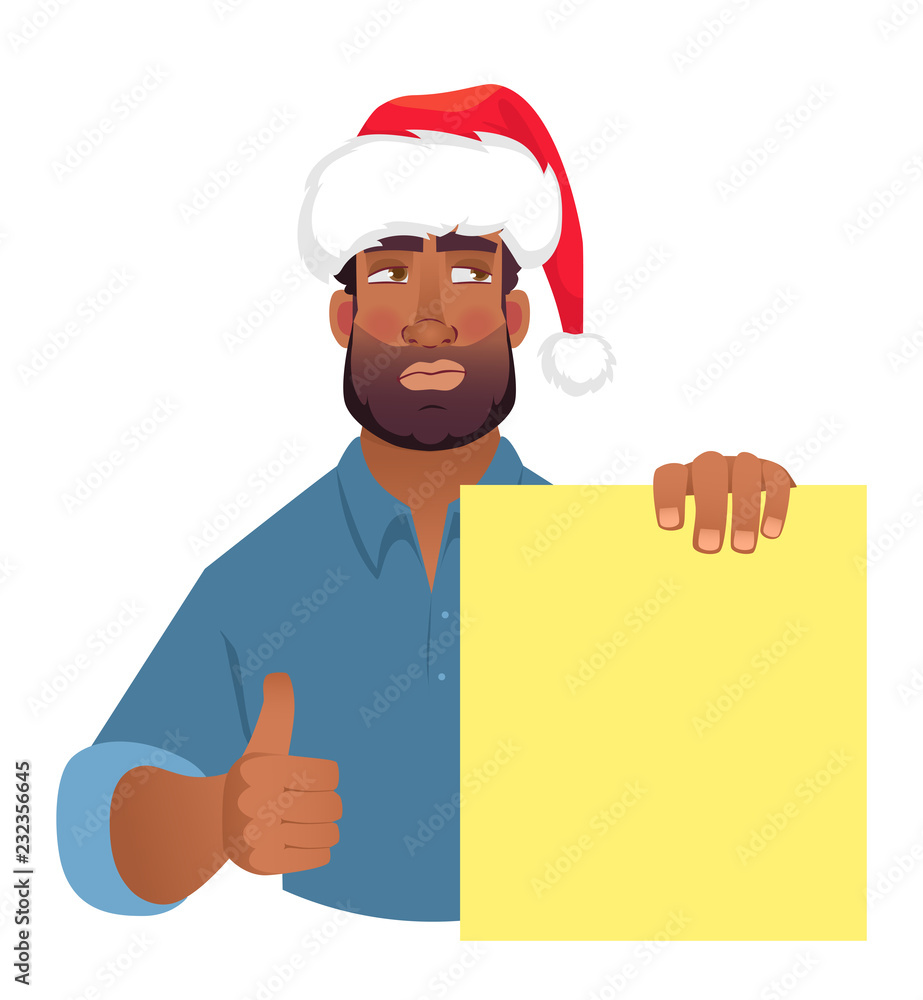 African man in hat holding blank banner. African man in hat holding blank banner.