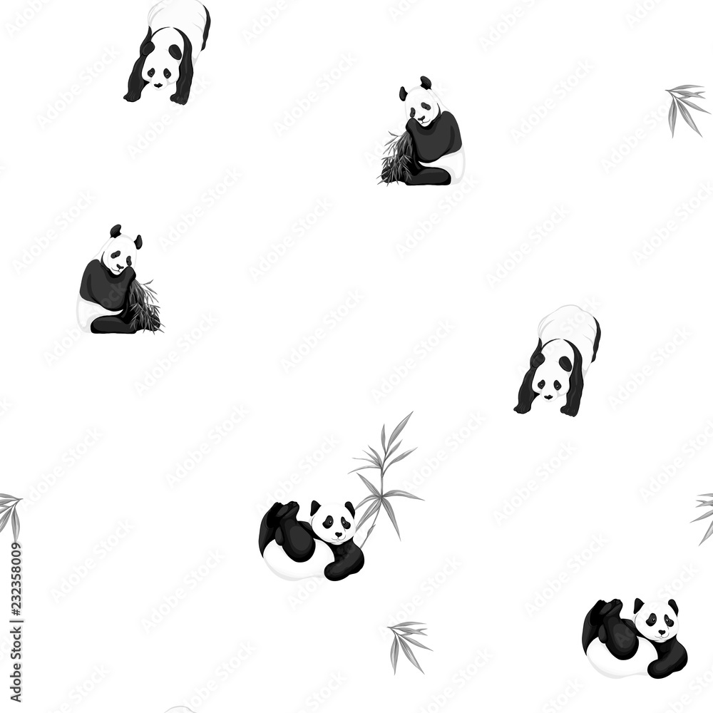 Seamless pattern, background. with pandas and bamboo