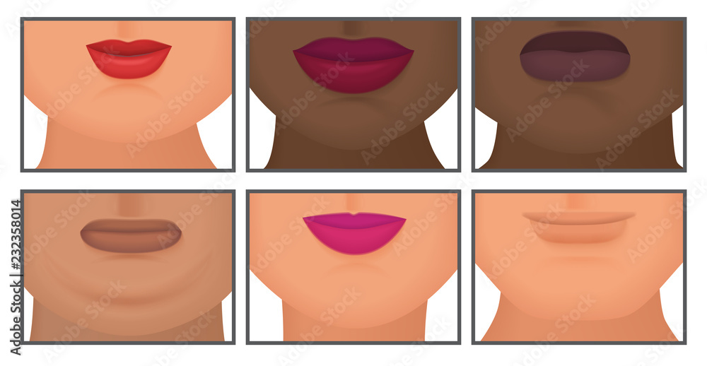 Woman with realistic double fat chin set vector illustration.