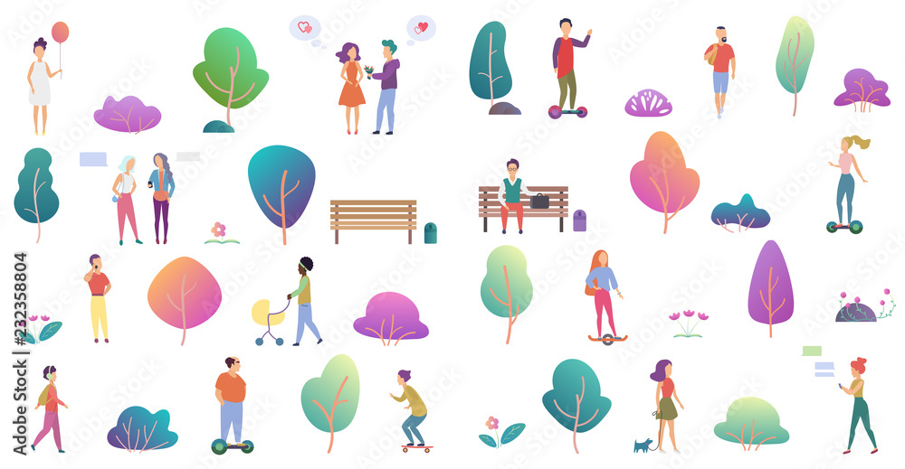 Trendy vector gradient flat design of various people walking, playing, talking outdoor in the park isolated on white. Trendy vector gradient flat design of various people walking, playing, talking outdoor in the park isolated on white.
