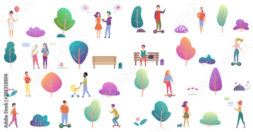Trendy vector gradient flat design of various people walking, playing, talking outdoor in the park isolated on white.