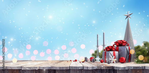 Christmas gift with decoration on wood table 3D Rendering