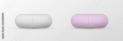 Medicaments side view vector of a white and pink oval pill on white background.