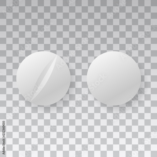Medicaments top view vector of two white circular pills on transparent background.