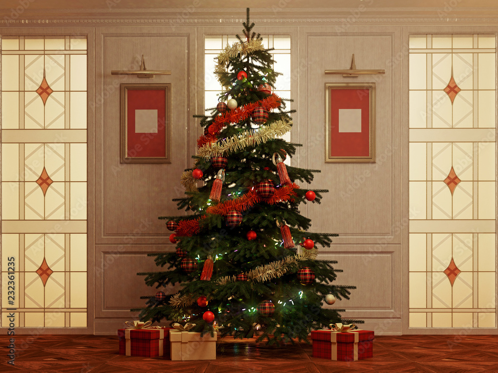 christmas tree with gifts 3d rendering