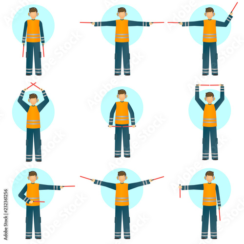 Set of illustrations of a special worker in reflective clothing showing signals for the aircraft.