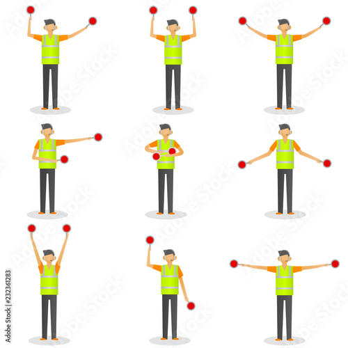 Set of illustrations of a special worker in reflective clothing showing signals for the aircraft.