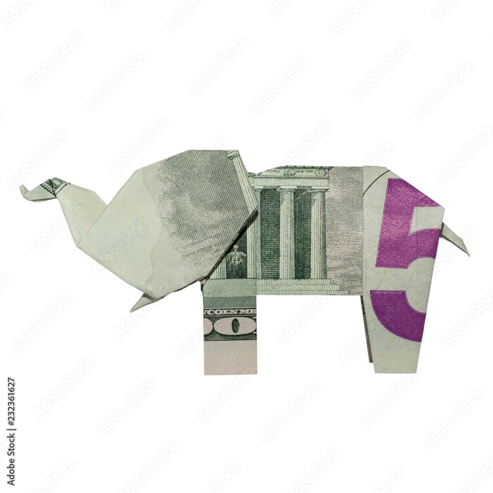 Money Origami ELEPHANT Left Side Folded with Real FIVE Dollar Bill Isolated  on White Background Stock Photo | Adobe Stock