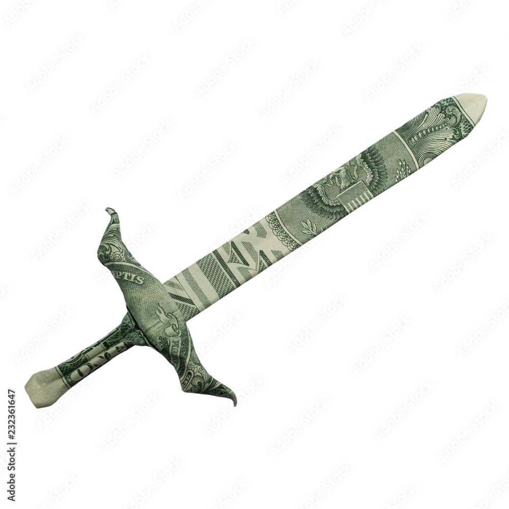 Money Origami SWORD Folded with Real One Dollar Bill Isolated on White