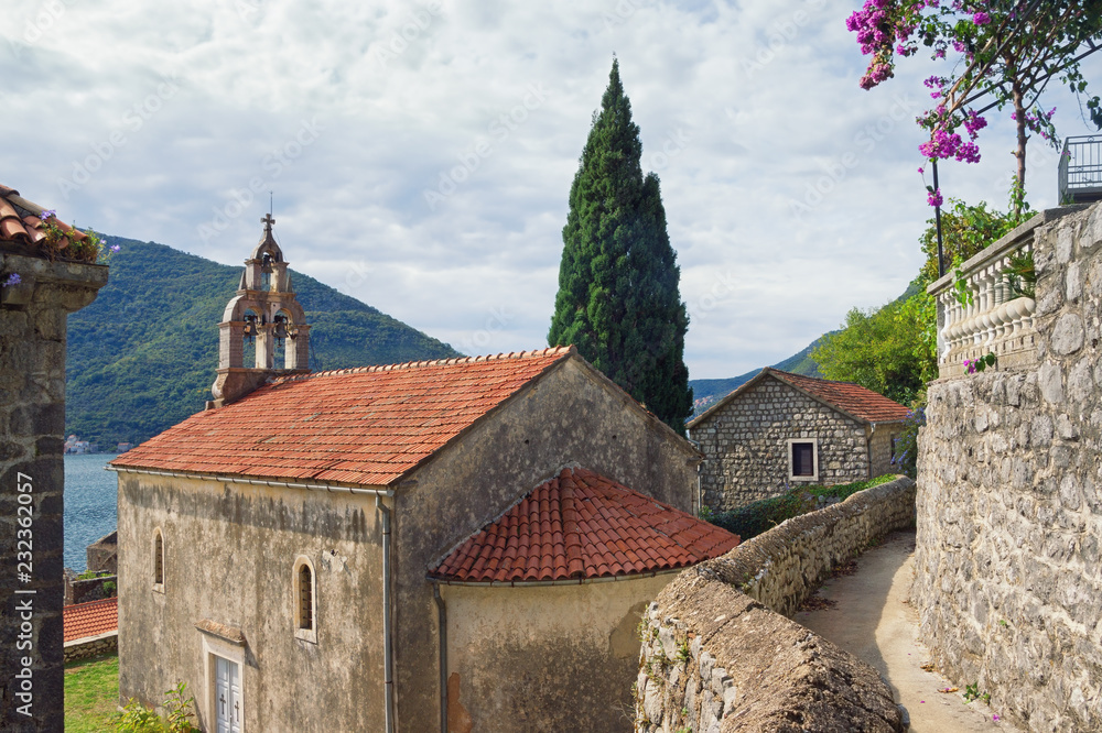 Montenegro. View of ancient town of Perast and temple of the Nativity of the Virgin Mary Montenegro. View of ancient town of Perast and temple of the Nativity of the Virgin Mary
