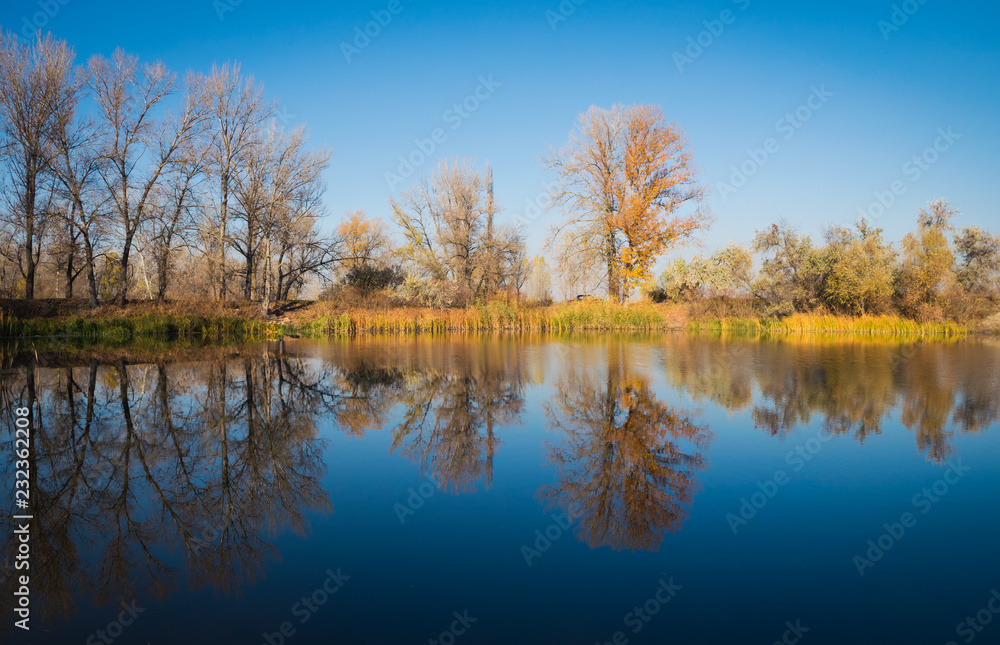 Beautiful autumn landscape. Trees reflected in the water of the lake