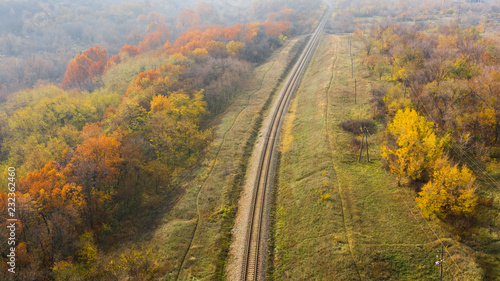 Aerial landscape background with railway road in forest.
