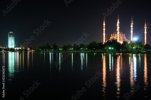 The view mosque and reflection at night, city background.