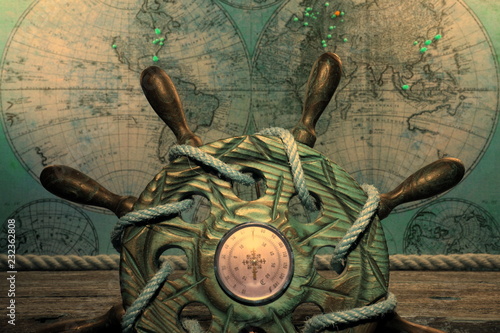 Old ship steering wheel,compass,coins,rope,pirate world map. Travel and marine engraving background. Treasure hood concept. Vintage style.