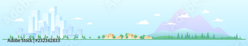 Urban landscape with large modern buildings and suburb with private houses on a background mountains and hills. Street, highway with cars. Concept city and suburban life.