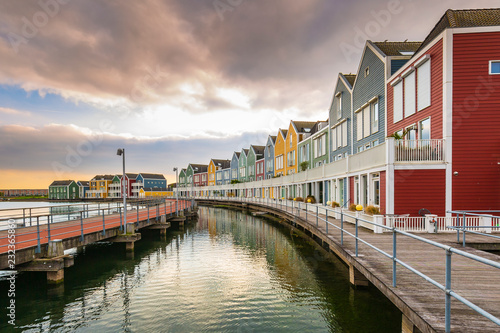 Dutch, modern, colorful vinex architecture style houses at waterside photo