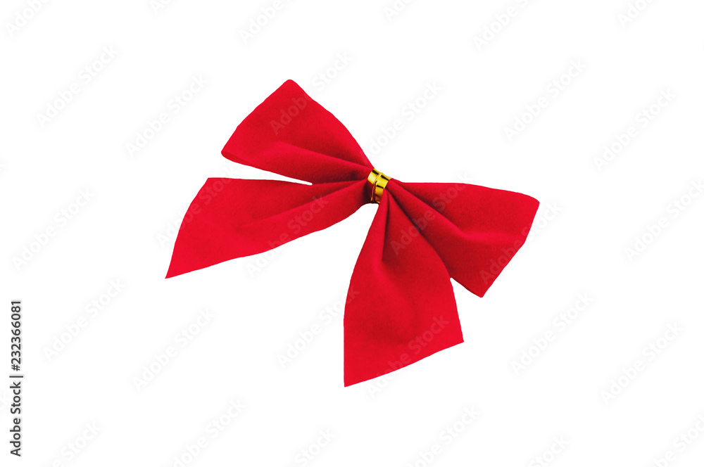 Single red textile bow with golden ring isolated on white background