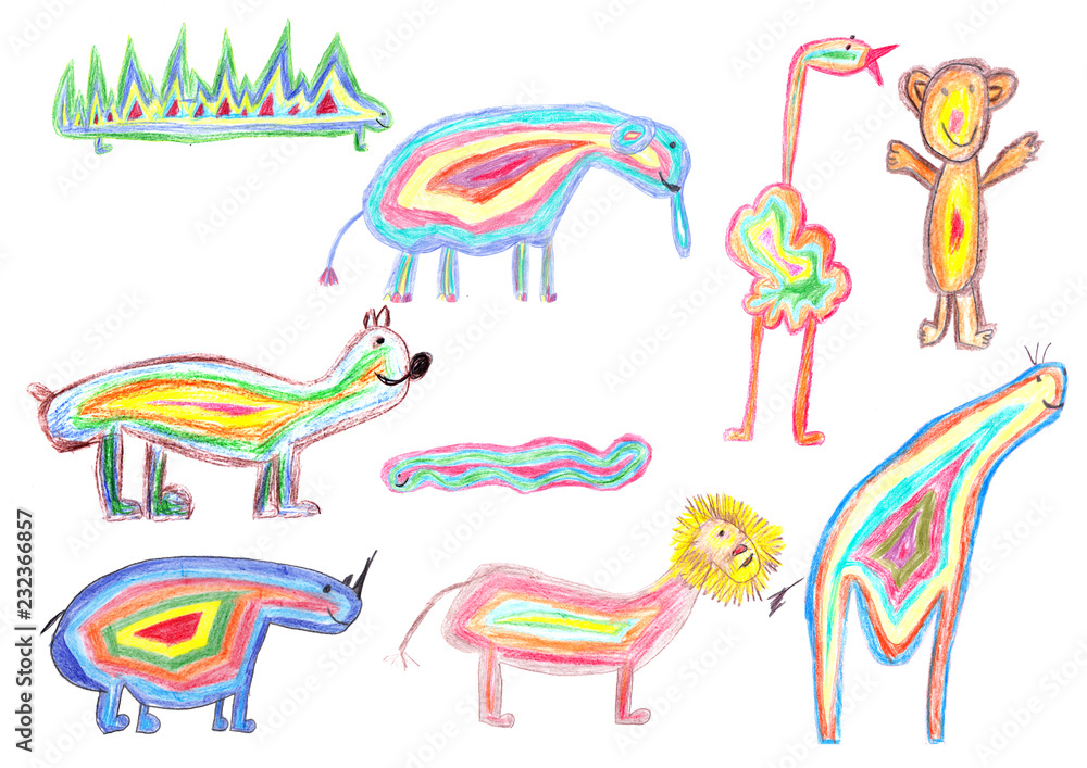 Kinderzeichnung: Ein Zoo voll bunter Tiere Stock-Illustration | Adobe Stock