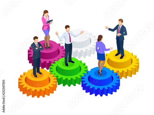 Isometric business people on gears, collaboration and teamwork concept