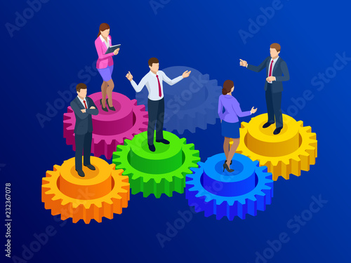 Isometric business people on gears, collaboration and teamwork concept