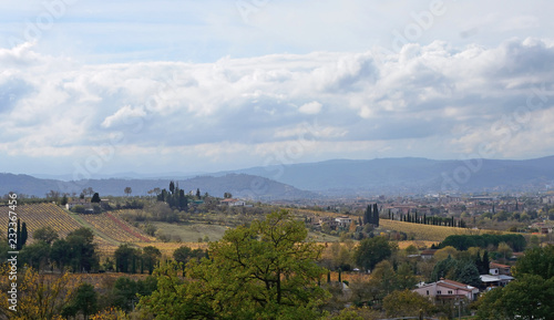 Tuscany  Italy  November 2018  landscape of countryside near Arezzo with the city on the background  on a sunny day
