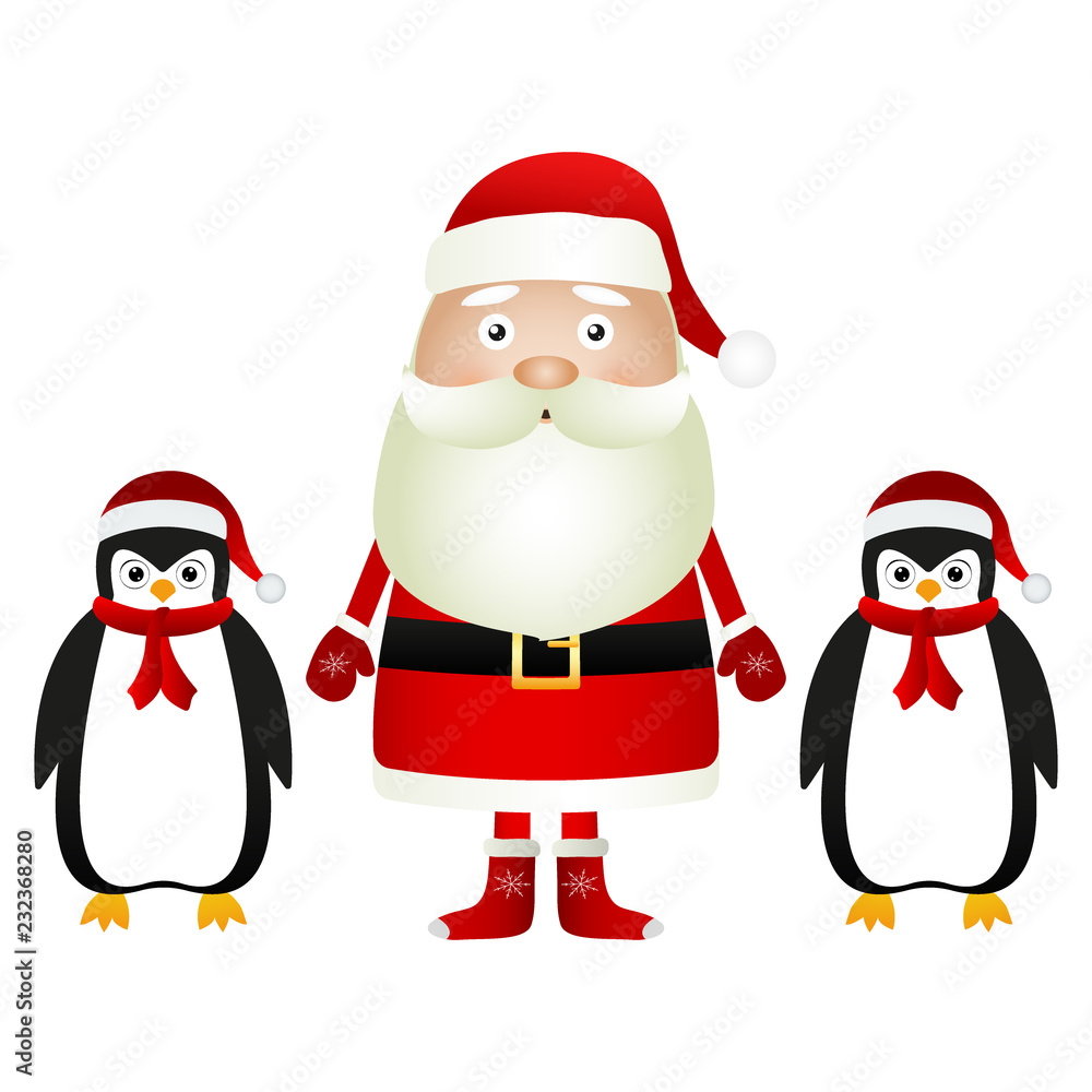 Santa Claus with penguins in caps and scarves