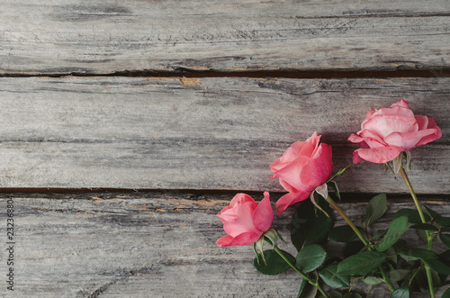 Pink roses on a rustic wooden table