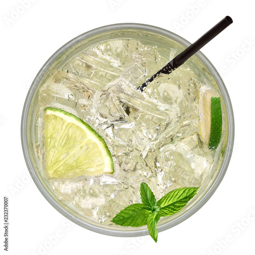 Vodka lemon or cocktail with straw from top view isolated on white background including clipping path photo