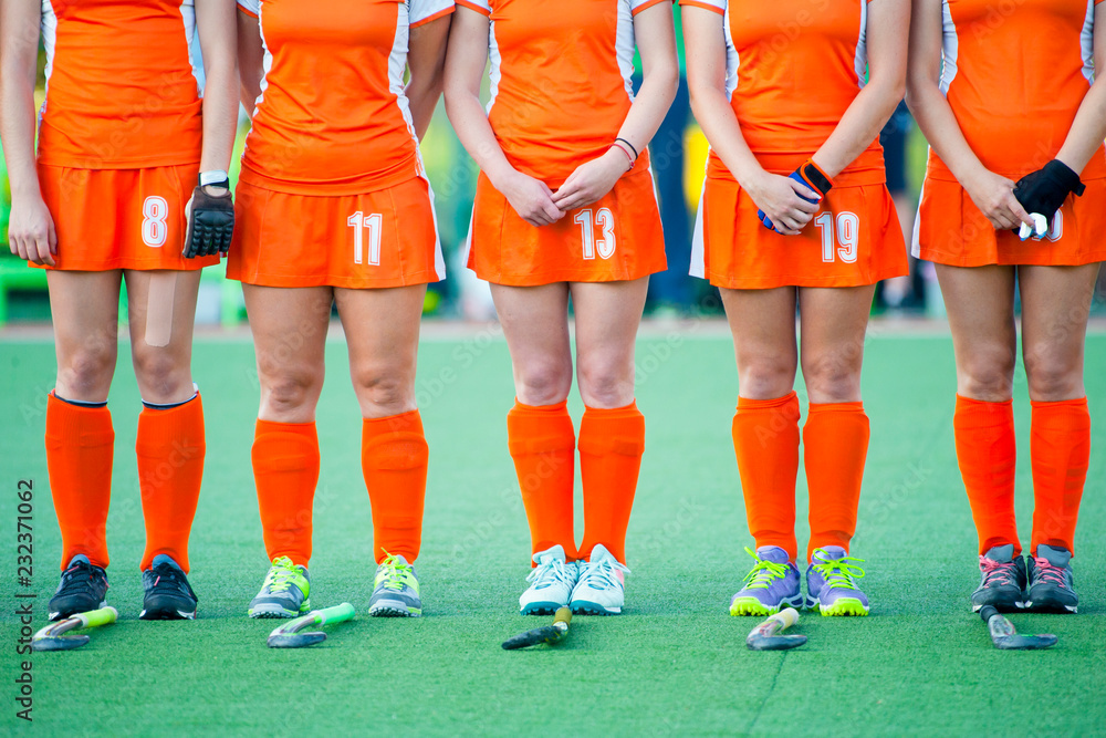 Fototapeta premium Field hockey team on the green grass