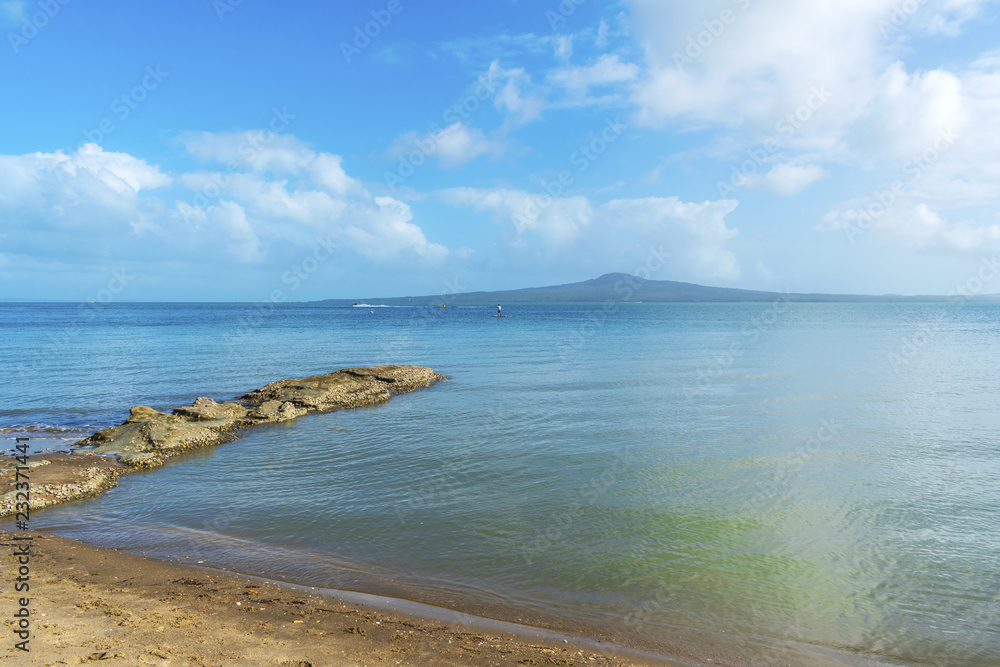 Boulder Rock and Landscape Scenery of Kohimarama Beach Auckland New Zealand; Calm Sea during Morning Time; View to Rangitoto Island Across Auckland Harbour