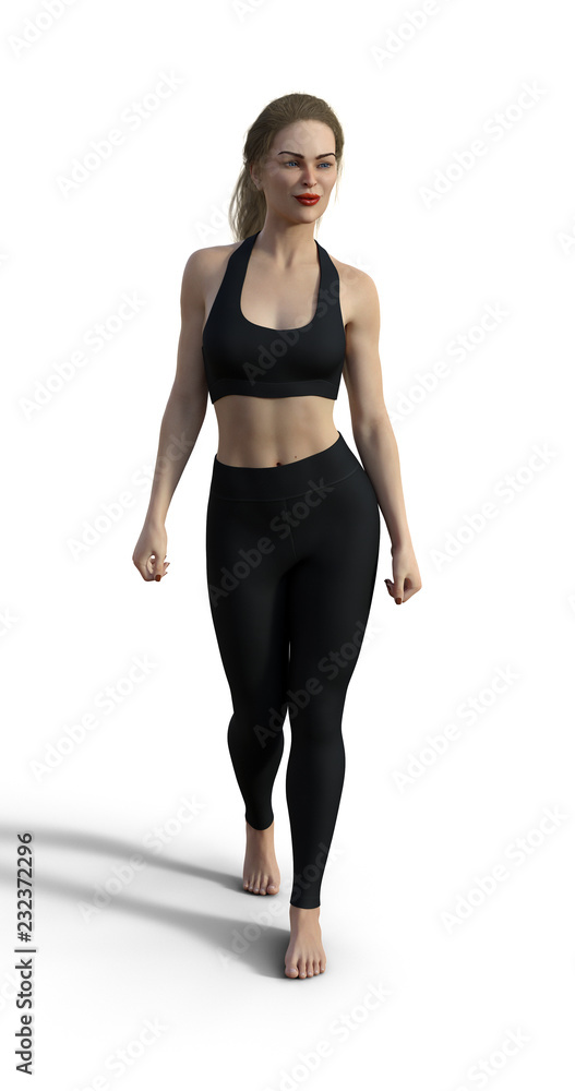 Illustration of a woman walking wearing leggings and a sports bra on a white background Illustration of a woman walking wearing leggings and a sports bra on a white background