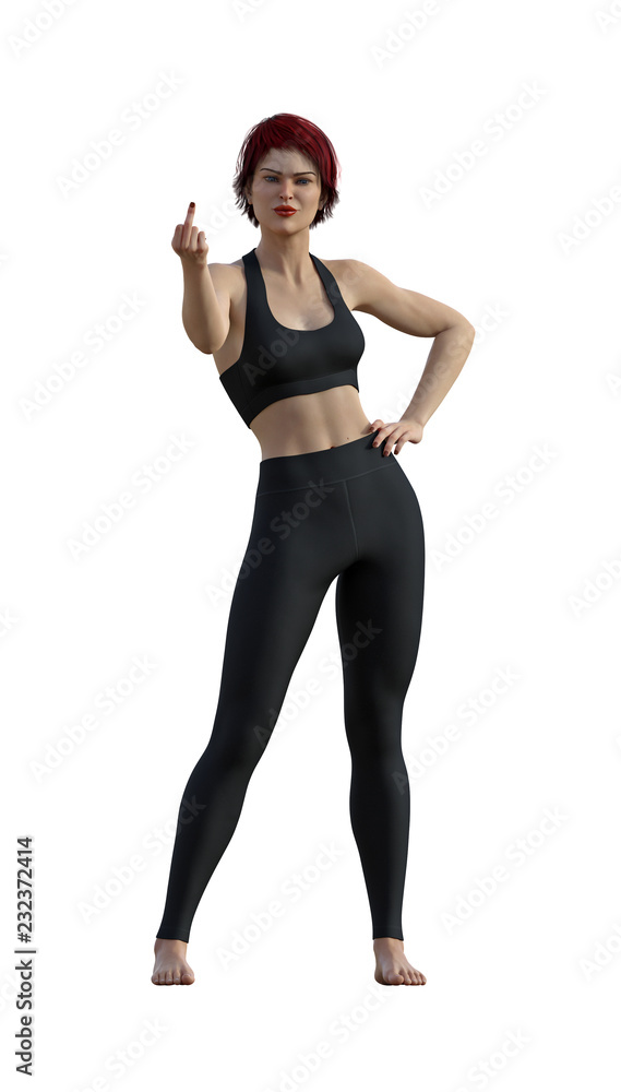Illustration of a woman wearing a sports bra showing a rude gesture on a white background Illustration of a woman wearing a sports bra showing a rude gesture on a white background