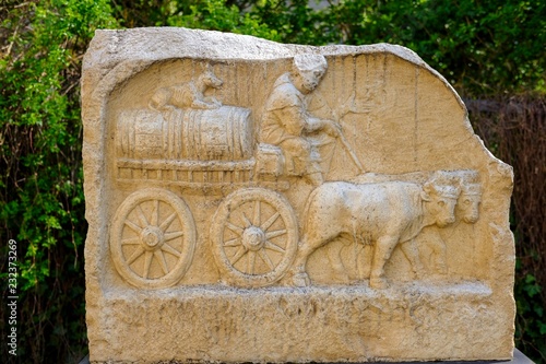 Roman relief of an ox cart, Augsburg, Swabia, Bavaria, Germany, Europe