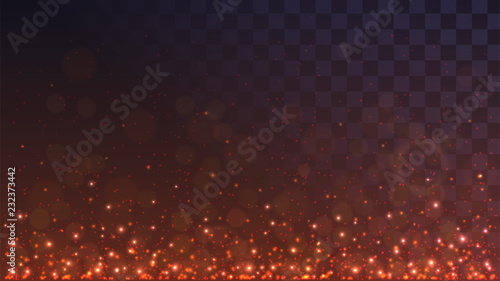 Red glowing dust from below. Sparks of flame on a transparent background, lights, embers