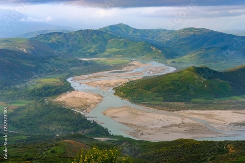 River Vjosa in the morning light, view from Byllis, Qarier Fier, Albania, Europe photo