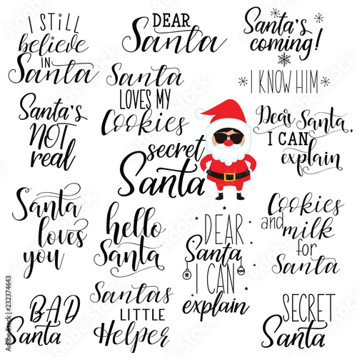 set of 14 santa hand lettering quotes to greeting card, banner, poster, calligraphy vector illustration