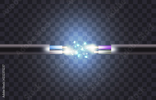 Electric cable break. Copper electrical cable in multi-colored insulation with electric spark. Two-core cable on a dark background. Presentation Template