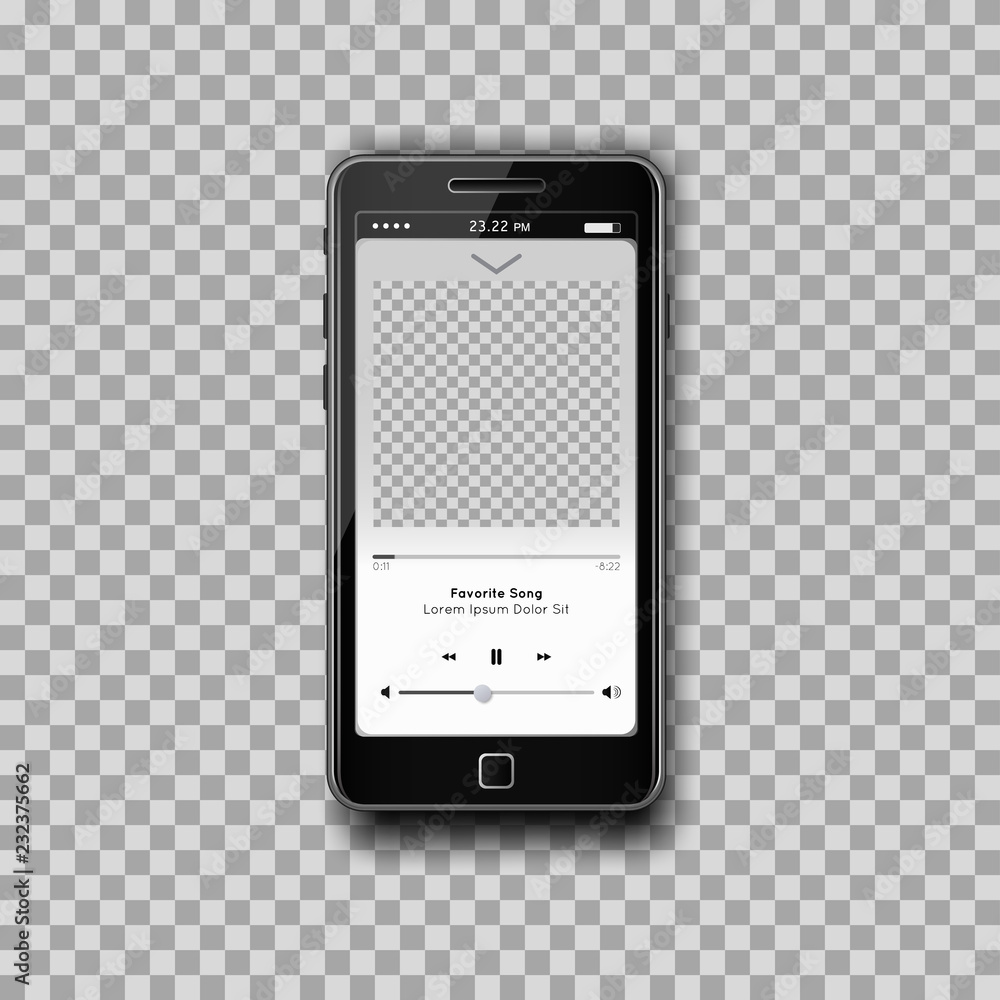 Realistic music Mp3 player on black smartphone with empty screen on  transparent background. Template for any application design and backdrop,  phone template. Vector. Stock Vector | Adobe Stock