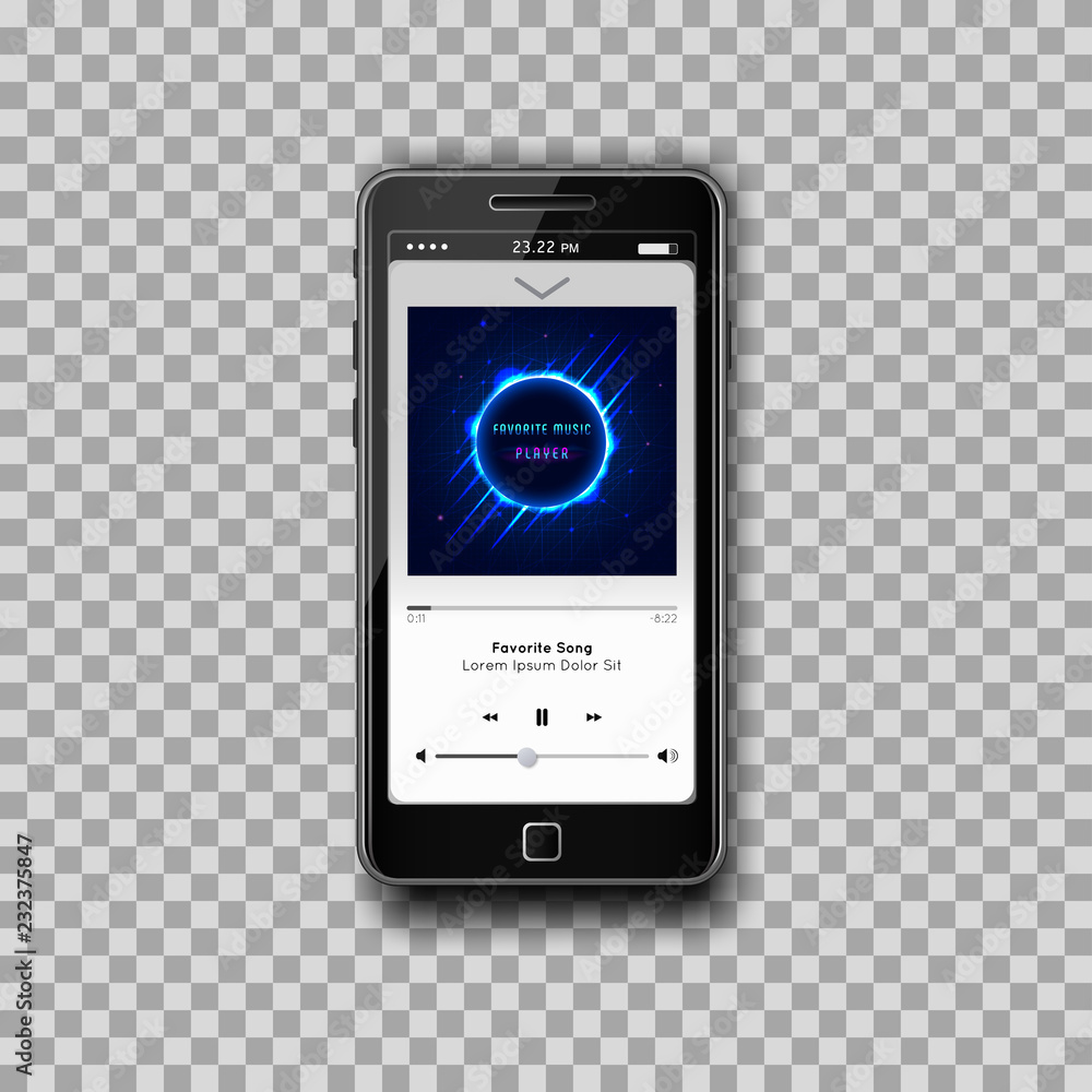 Modern smartphone with musical Mp3 player on screen. Flat design template for mobile apps. Media player with full interface included, with spectrum analyzer, equalizer. Transparent backdrop. Vector. Modern smartphone with musical Mp3 player on screen. Flat design template for mobile apps. Media player with full interface included, with spectrum analyzer, equalizer. Transparent backdrop. Vector.