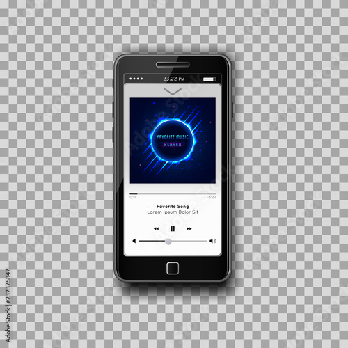 Modern smartphone with musical Mp3 player on screen. Flat design template for mobile apps. Media player with full interface included, with spectrum analyzer, equalizer.  Transparent backdrop. Vector.