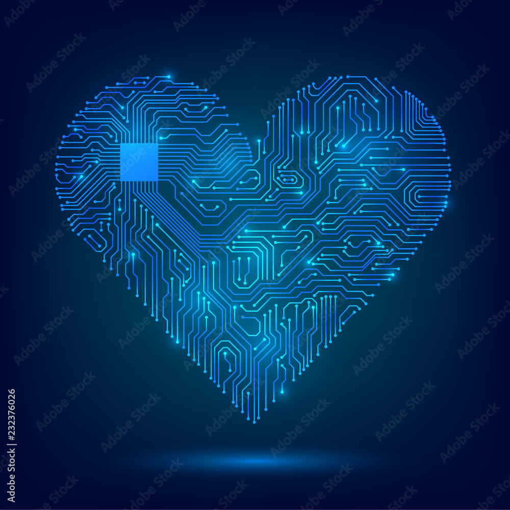 Electronic heart with a glowing microcircuit, love, technology ...