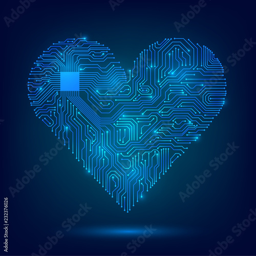 Electronic heart with a glowing microcircuit, love, technology, futuristic cardiology