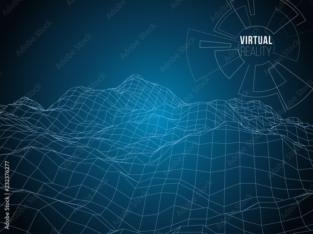 Obraz premium Wireframe polygonal landscape. Digital 3d terrain. Vector illustration.